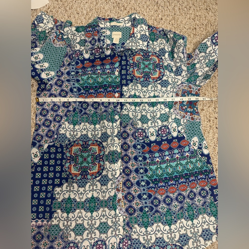 S Chico's Blue and White 3/4 Sleeve Graphic Tunic size 2 or L - Picture 11 of 11
